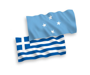 National vector fabric wave flags of Greece and Federated States of Micronesia isolated on white background. 1 to 2 proportion.