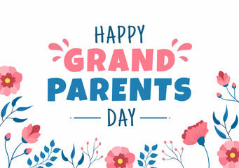 Happy Grandparents Day Cute Cartoon Illustration with Flower Decoration and Calligraphy in Flat Style for Poster or Greeting Card Background