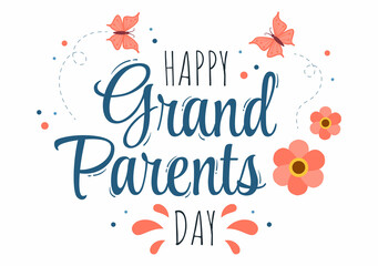 Happy Grandparents Day Cute Cartoon Illustration with Flower Decoration and Calligraphy in Flat Style for Poster or Greeting Card Background