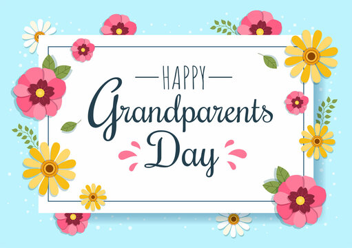 Happy Grandparents Day Cute Cartoon Illustration with Flower Decoration and Calligraphy in Flat Style for Poster or Greeting Card Background