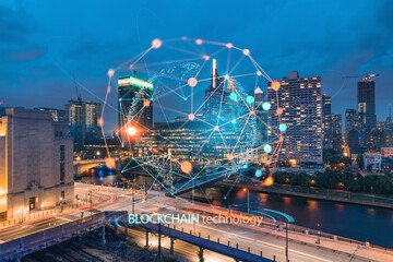 Fototapeta na wymiar Aerial panoramic cityscape of Philadelphia financial downtown at summer night time, Pennsylvania, USA. Decentralized economy. Blockchain, cryptocurrency and cryptography concept, hologram