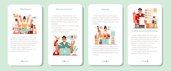 Office manager mobile application banner set. Coworking space