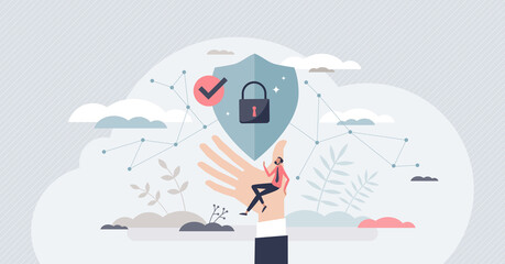 Fototapeta Cyber insurance with online internet danger protection tiny person concept. Locked key and shield as security for personal data and information leaking vector illustration. Encrypted chat connection. obraz