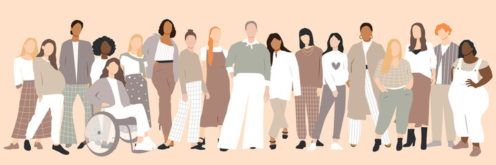 Women stand side by side together. Flat vector illustration.