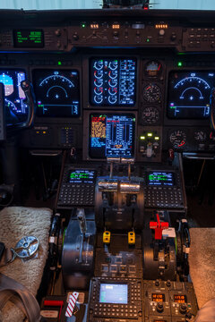 Cockpit interior of a Gulfstream IV, night mode - stock photo