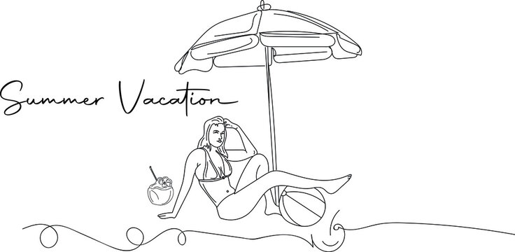 Beach girl logo, Cool Beach girl vector, Sketch drawing of beautiful girl sitting on beach under umbrella in swim suit