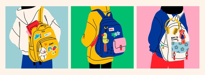 Person wearing oversized clothing standing with backpack. Rear View. Backpack with books, toy and patches, label. Back to school, college, education, study concept. Set of three Vector illustrations © Dariia