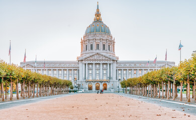 Sunset view of San Francisco City Hall, San Francisco, California, United States of America. Photo processed in pastel colors