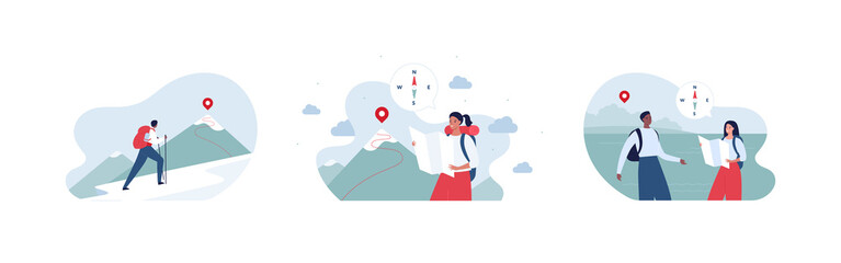 Travel and nature tourism concept collection. Vector flat illustration set. Male and female tourist with backpack on hiking climbing trip. Mountain with route and pin destination symbol.