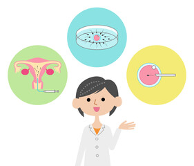 人工授精、体外受精、顕微授精の違いを説明する女性医師