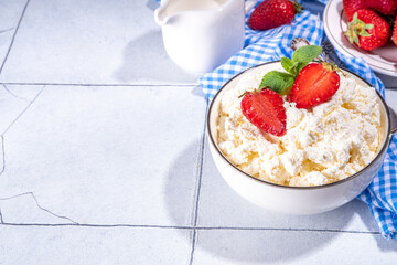 Bowl of homemade natural farm cottage cheese with fresh raw strawberry. Summer healthy diet balanced breakfast, morning snack, on white tiled background copy space