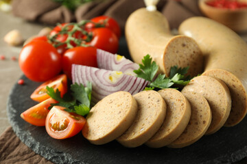 Concept of tasty food, liverwurst sausage, close up