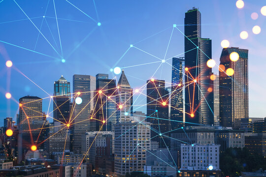 Illuminated aerial cityscape of Seattle, downtown at night time, Washington, USA. Social media hologram. Concept of networking and establishing new people connections