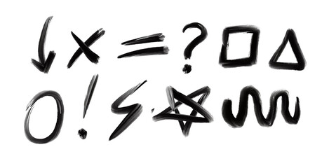 Brush stroke symbols and various shapes. black ink strokes for graphic design elements. 