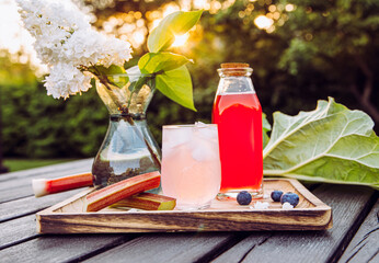 Homemade rhubarb syrup ( Rheum hybridum ). Nice pink liquid syrup in bottle and glass with juice...