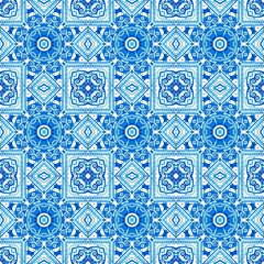 Obraz premium Blue white watercolor azulejos tile background. Seamless coastal geometric floral mosaic effect. Ornamental arabesque all over summer fashion damask repeat