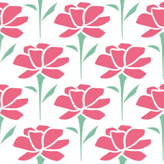 Fototapeta na wymiar Pink flowers repeat seamless summer pattern. Blooming background for fabric, wallpaper and packaging. Print for design. Flowers template with leaves vector
