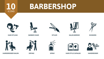 Barbershop set icon. Editable icons barbershop theme such as hair styling, styler, scissors and more.