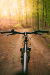 Fototapeta na wymiar First person view of handling the bicycle on the empty forest road towards sunlight. Outdoor bike riding during sunny summer evening