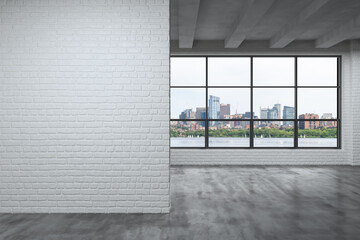 Panoramic picturesque city view of Boston at day time from modern empty room, Massachusetts. An intellectual and political center. Mockup copy space empty wall. Display concept. 3d rendering.