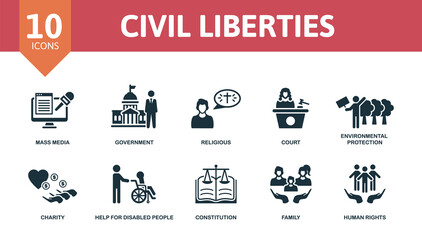 Civil Liberties set icon. Editable icons civil liberties theme such as mass media, religious, environmental protection and more. © Mariia