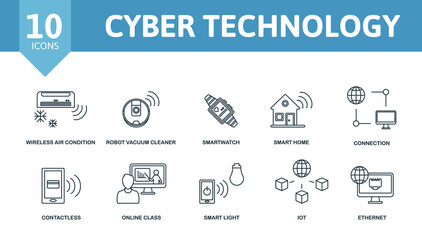 Cyber Technology icon set. Contains editable icons internet technology theme such as wireless air condition, smartwatch, connection and more.