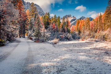 First snow in Naturpark Fanes-Sennes-Prags. Colorful autumn landscape in Dolomite Alps, Braies Lake location,  Italy, Europe.