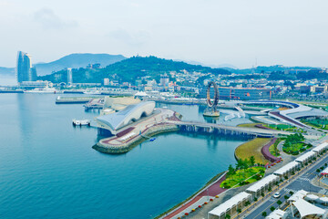 Fototapeta na wymiar Panoramic views of Expo EDG Square and Yeosu peninsula from the Sky Tower.