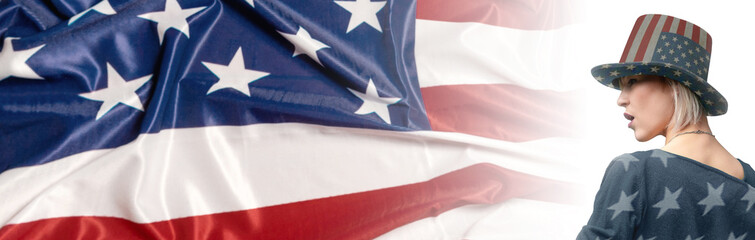 Happy young woman dressed in american flag clothes. Waving american flag with copy space. Panorama of american flag  with beautiful woman.