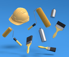 Set of flying safety helmet, spray with paint rollers and brushes on blue.