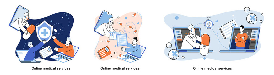 Online medical services mobile application consultation and prescription medicine professional doctor connecting and giving consultation for patient, telemedicine concept metaphor, health care program