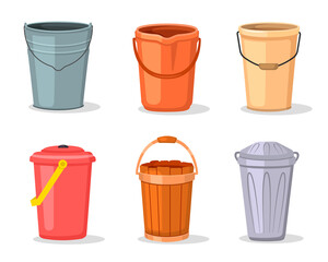 Water bucket set. Vector set of different buckets