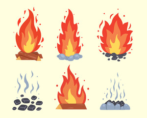 Campfire different types. Vector burning bonfire frames. Camping fire collection. Fireplace with fire coals or woodfire in cartoon style set. Vector illustration