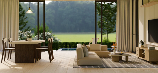 Modern comfortable living room interior with comfy sofa over large window with nature view