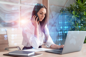 Attractive businesswoman in white shirt has conference call to hire new employees for international business consulting. HR, social media hologram icons over office background