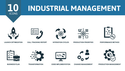 Industrial Management set icon. Editable icons industrial management theme such as launch optimization, interation cycles, performance method and more.