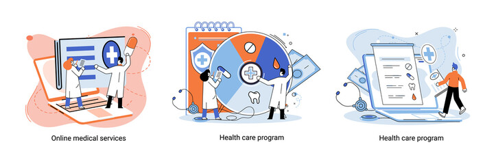 Health care program metaphor, online medical services, protection medicine. Medical insurance, hospital services, preventive check up, sick leave certificate treatment diagnosis patients, telemedicine