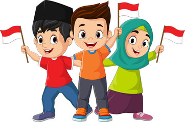 Group of children holding an Indonesian flag