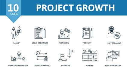 Project Growth set icon. Editable icons project growth theme such as salary, workflow, support agent and more.