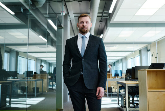 Portrait of young bearded businessman in formal suit smiling at camera while working at office