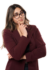 Indian businesswoman with hand on chin