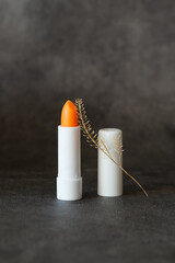 Open white tube of hygienic lipstick with twig of dry plant on grey background.