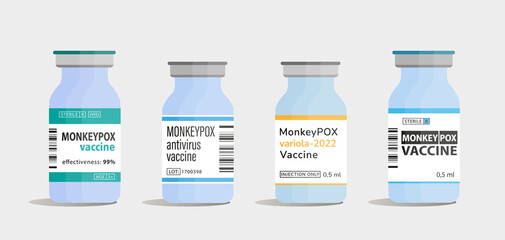 Monkeypox vaccine bottles vector illustration. Monkeypox outbreak disease 2022 New pandemic. Monkeypox variola virus, smallpax cure prevention. Health care concept. Flat vector illustration. - obrazy, fototapety, plakaty