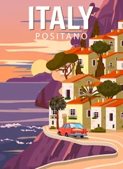 Rolgordijnen Retro Poster Italy, mediterranean romantic landscape, road, car, mountains, seaside town, sailboat, sea. Retro travel poster © hadeev