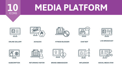 Media Platform set icon. Editable icons media platform theme such as avatar, chatbot, geotargeting and more.
