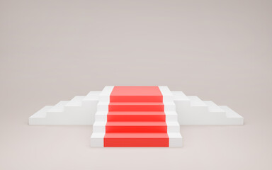 White stairs podium abstract background with red carpet. Pedestal or stage modern. Empty studio room. Mockup space for product step stand composition. 3D rendering.
