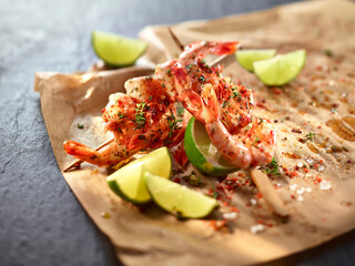 Garnelen mit Limetten auf Papier