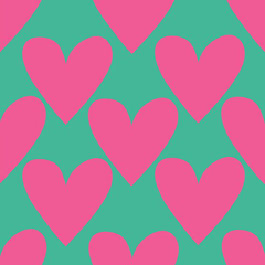 Fototapeta na wymiar Pink heart on green background seamless pattern.