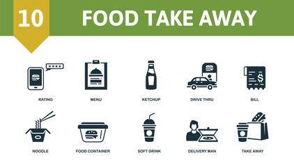 Food Take Away icon set. Contains editable icons take away theme such as burger, coffee cups, location and more.
