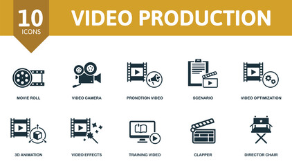 Video Production set icon. Contains video production illustrations such as video camera, scenario, 3d animation and more.